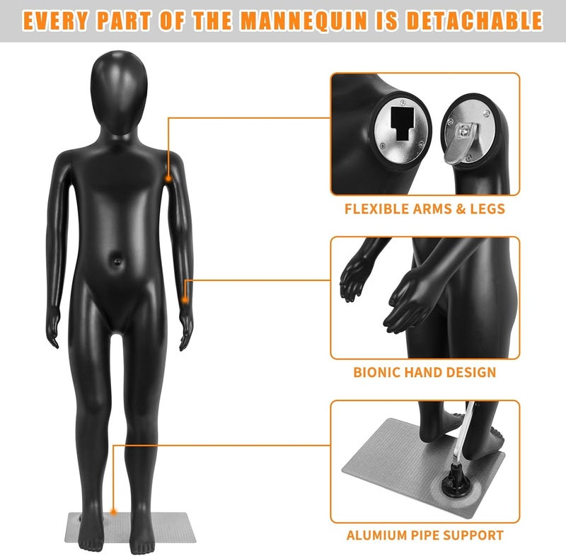 SHAREWIN Child Mannequin, Kids Mannequins Full Body 43.3 Inches, Black Children Dress Form Mannequins, Realistic Detachable Manikin Body Display with Metal Base - Image 2